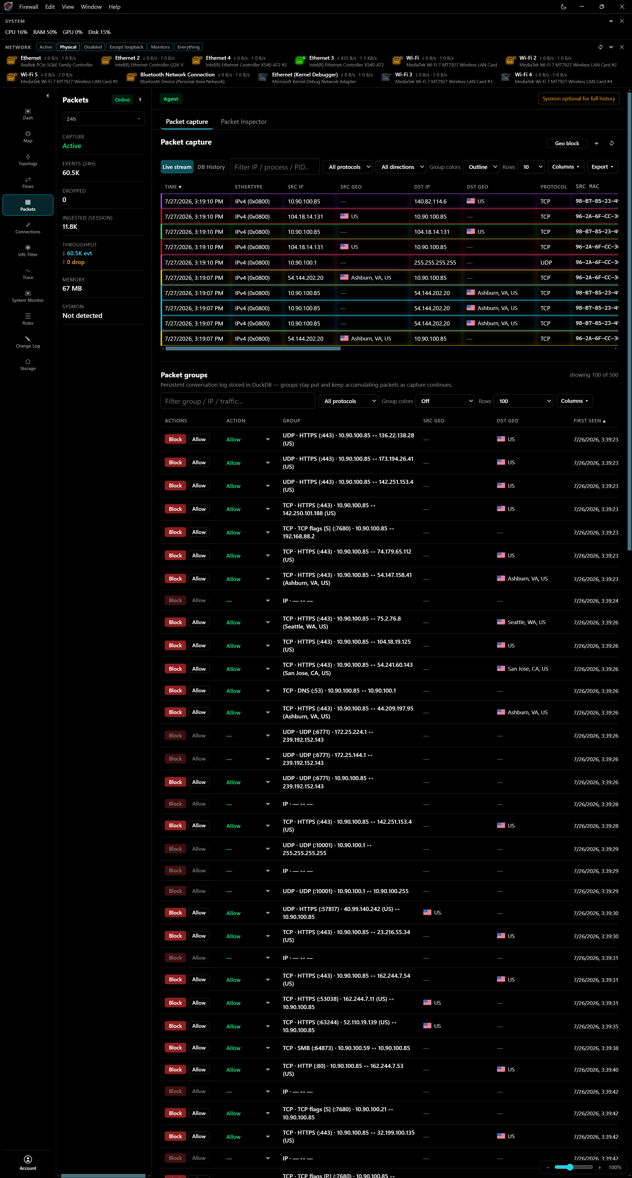 WinFirewallPro packet capture and packet groups tables