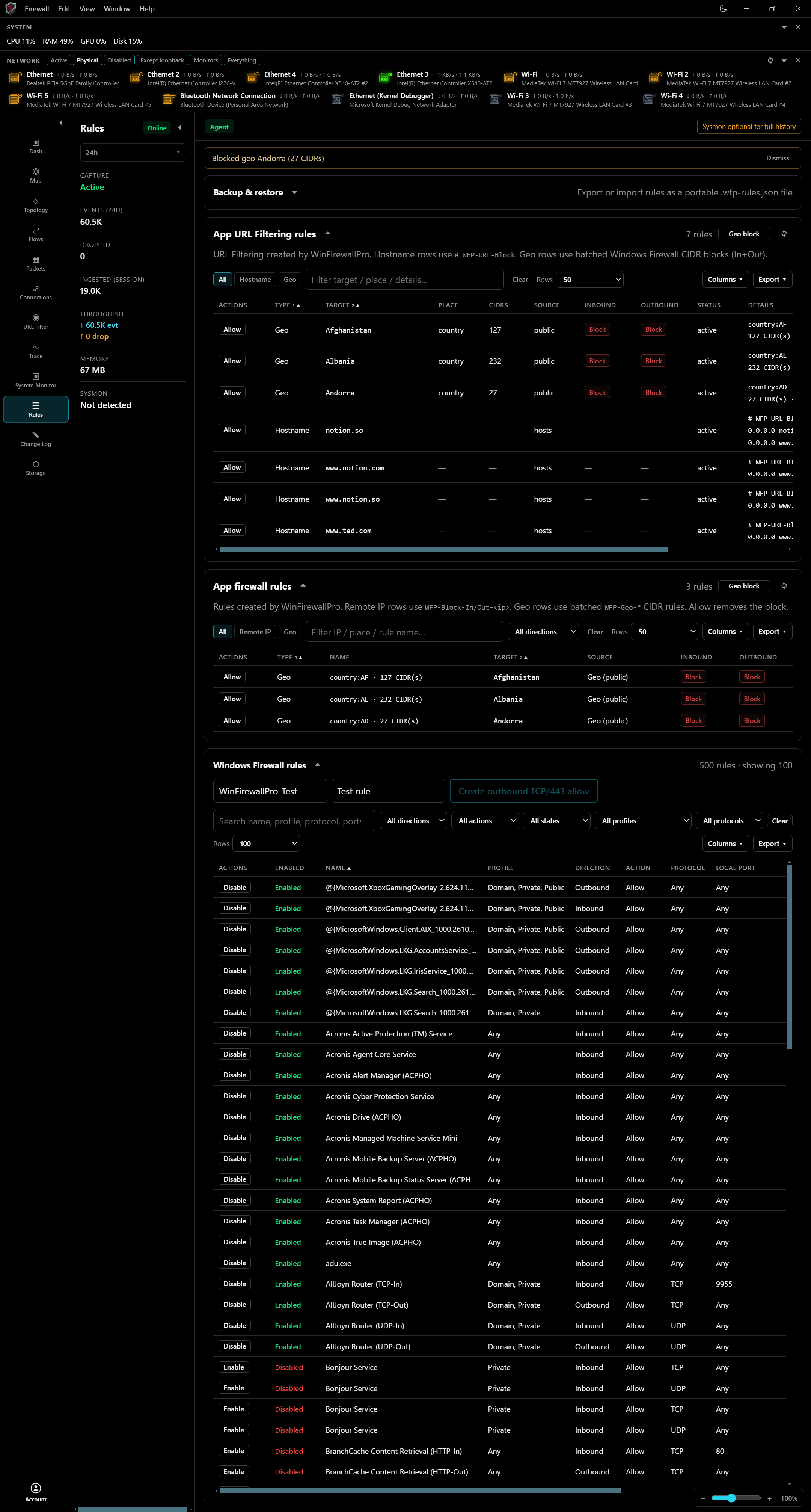 WinFirewallPro rules view including Windows Firewall entries